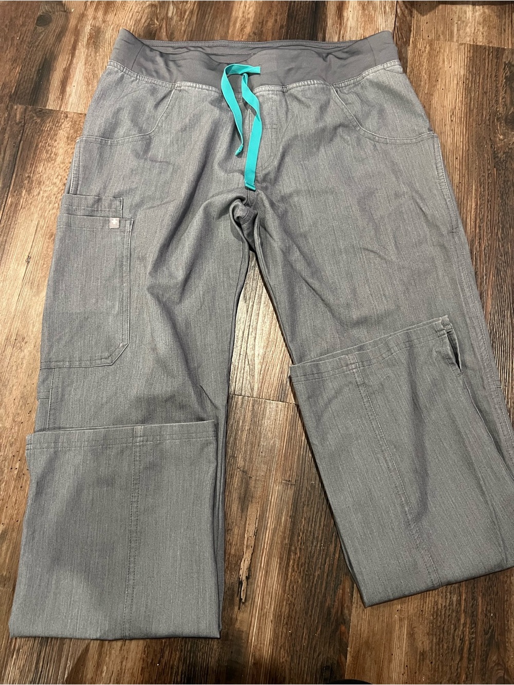 Figs Gray Cargo Scrub Pants with Teal Drawstring